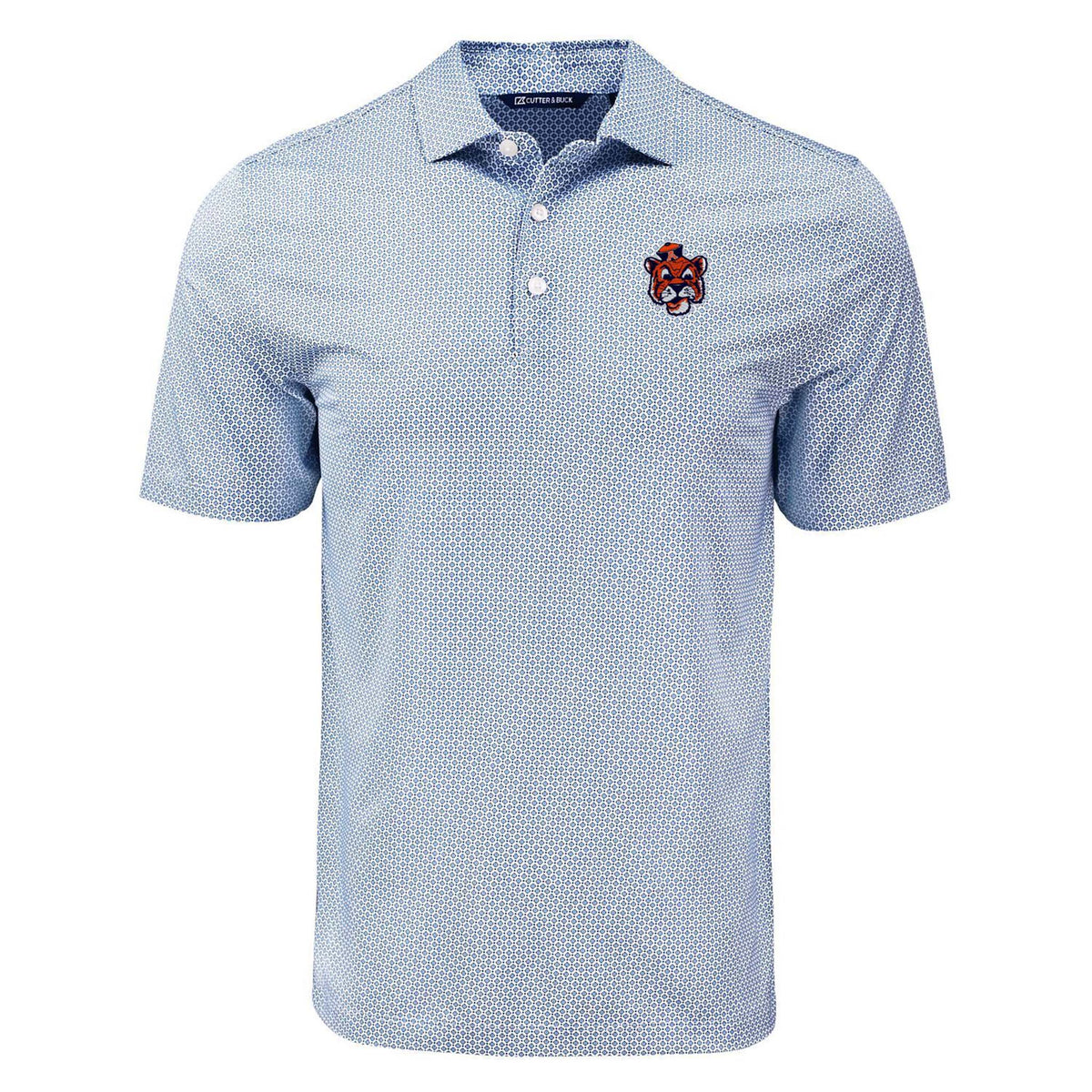 Auburn Blue dot patterned polo shirt with a logo on a white background