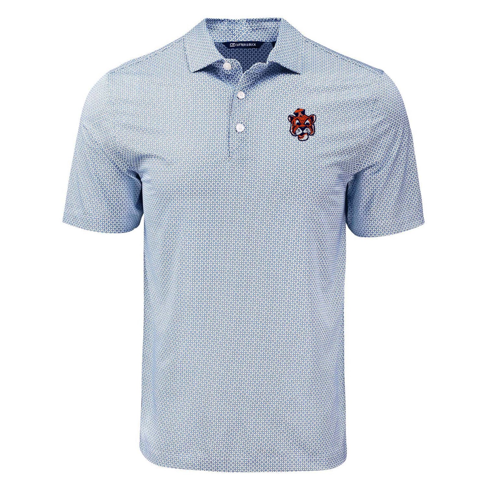 Auburn Blue dot patterned polo shirt with a logo on a white background