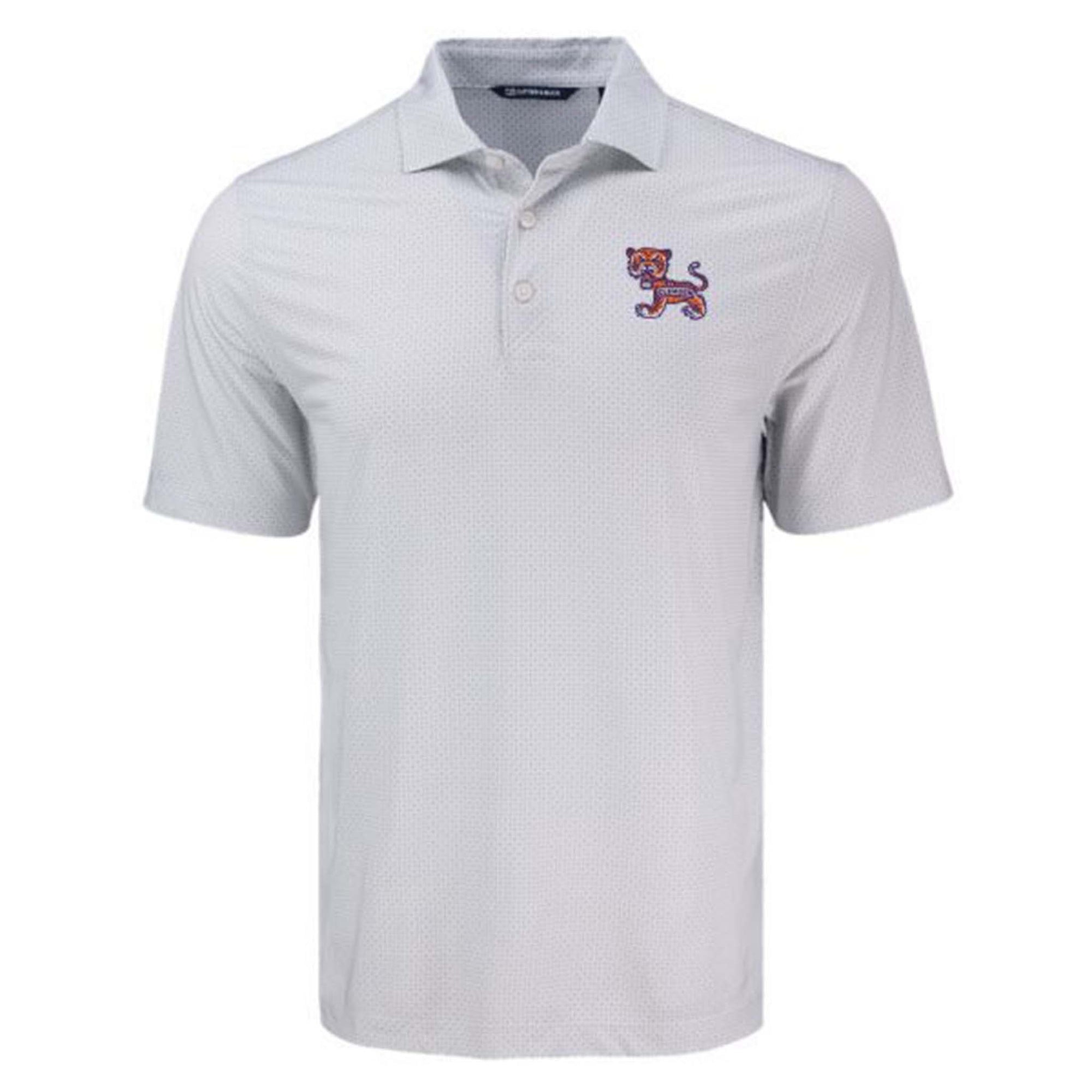 Light grey Clemson polo shirt with subtle dot pattern, short sleeves, and embroidered retro tiger logo on left chest, featuring a two-button placket.