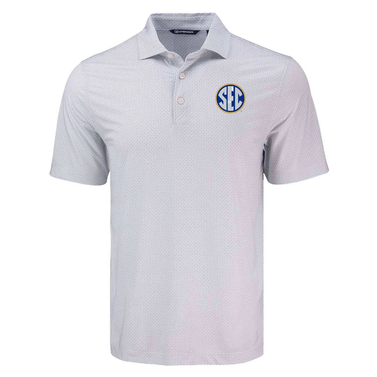 Light grey SEC polo shirt with subtle dot pattern, short sleeves, and embroidered circular SEC logo on left chest, featuring a three-button placket.