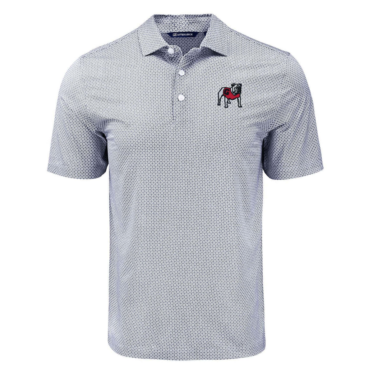 Grey Georgia polo shirt with subtle dot pattern, short sleeves, and embroidered bulldog mascot logo on left chest, featuring a three-button placket.