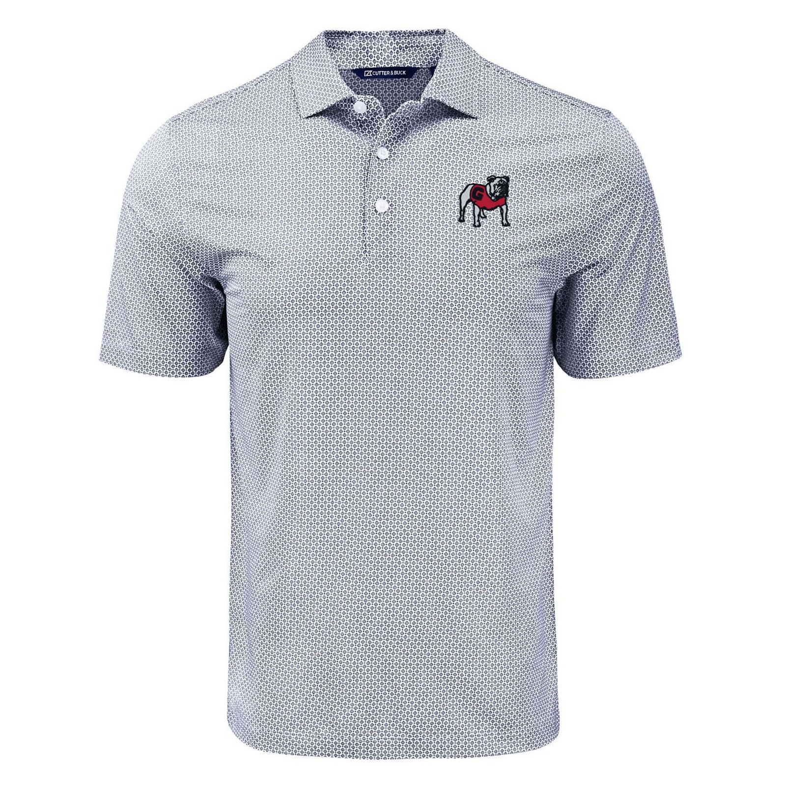 Grey Georgia polo shirt with subtle dot pattern, short sleeves, and embroidered bulldog mascot logo on left chest, featuring a three-button placket.