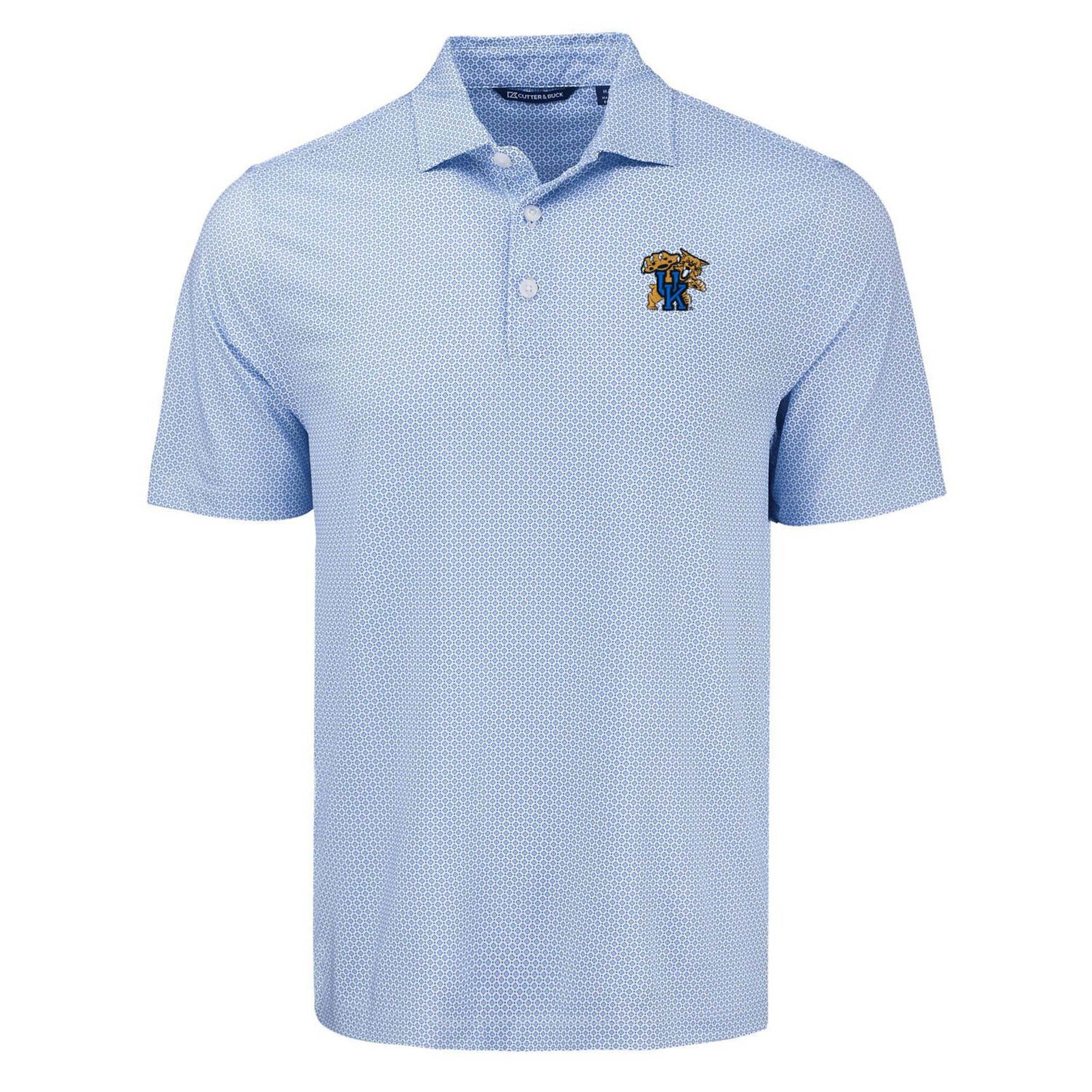 Light blue UK polo shirt with subtle dot pattern, short sleeves, and embroidered wildcats logo on left chest, featuring a three-button placket.