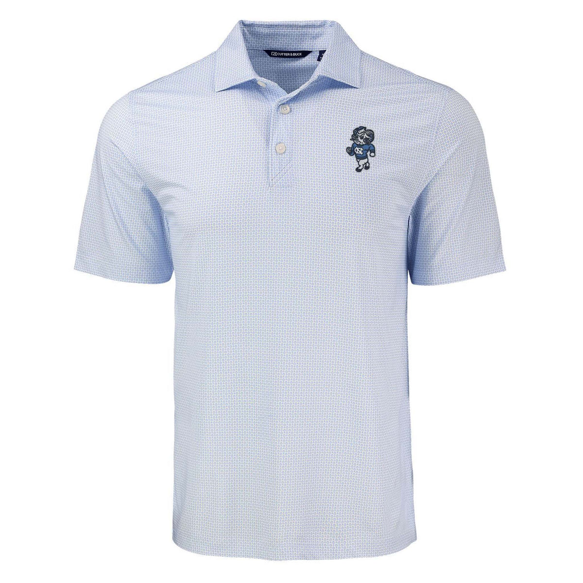 Light blue UNC polo shirt with subtle dot pattern, short sleeves, and embroidered Tarheels mascot logo on left chest, featuring a three-button placket.