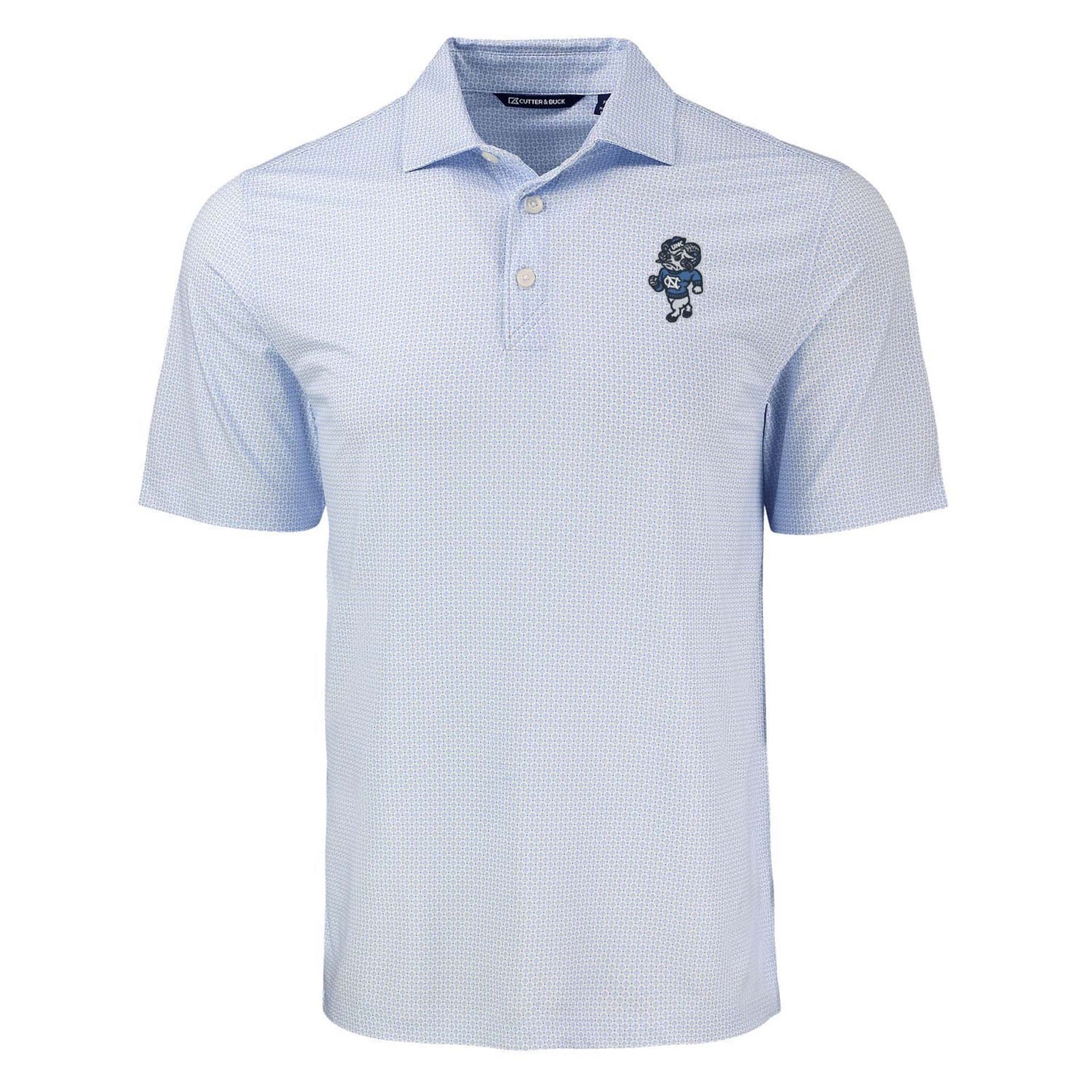 Light blue UNC polo shirt with subtle dot pattern, short sleeves, and embroidered Tarheels mascot logo on left chest, featuring a three-button placket.