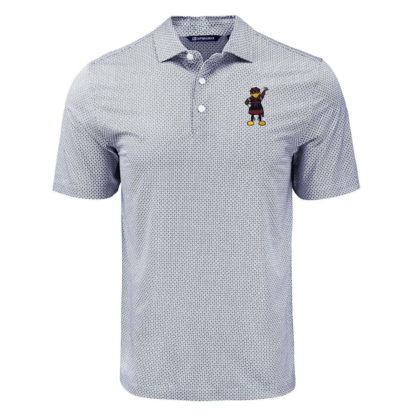 Grey Carolina Gamecocks polo shirt with subtle dot pattern, short sleeves, and embroidered USC mascot on left chest, featuring a three-button placket.