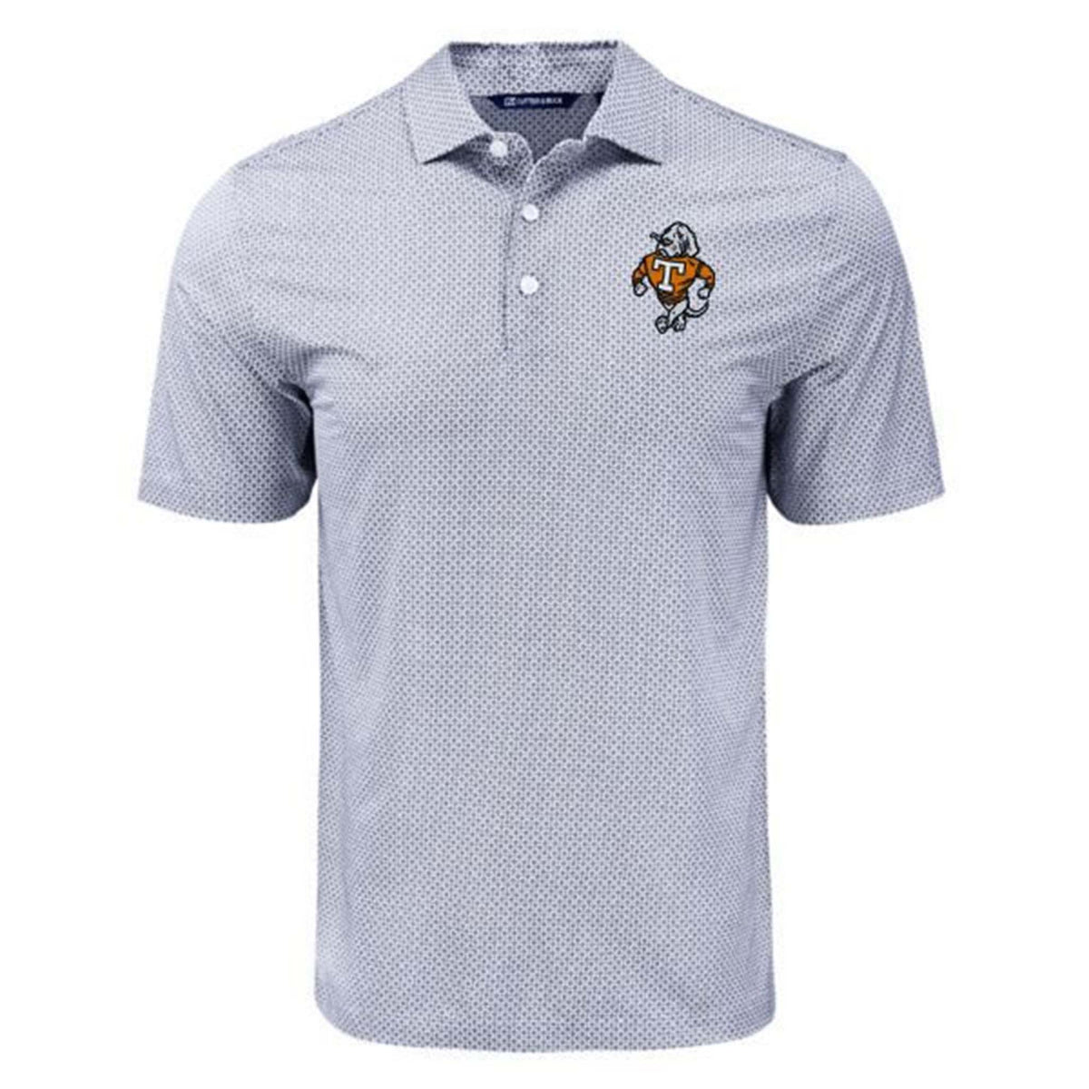 Grey UT polo shirt with subtle dot pattern, short sleeves, and embroidered Vols mascot logo on left chest, featuring a three-button placket.