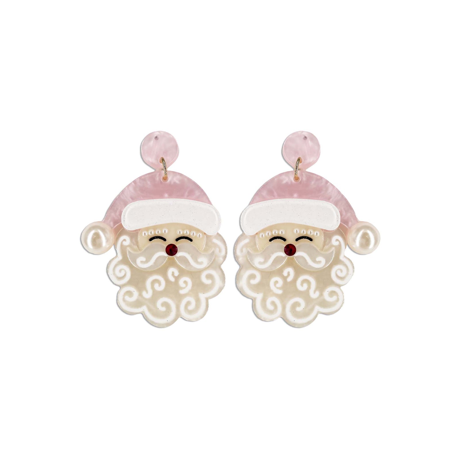 Santa Claus earrings with pink hats on a white background