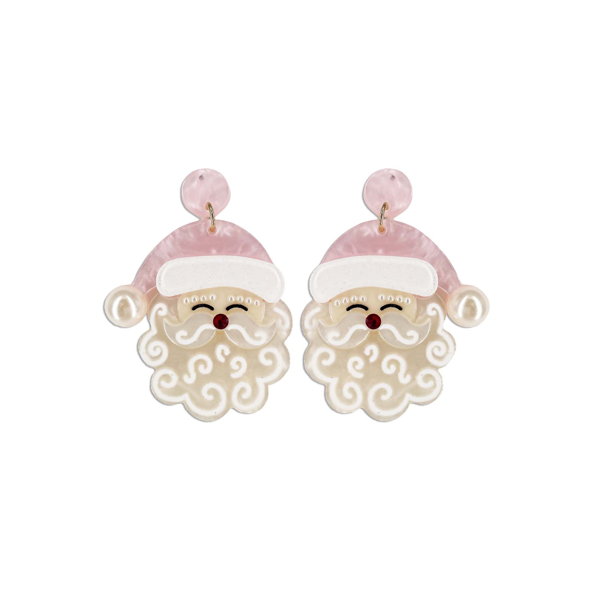 Santa Claus earrings with pink hats on a white background