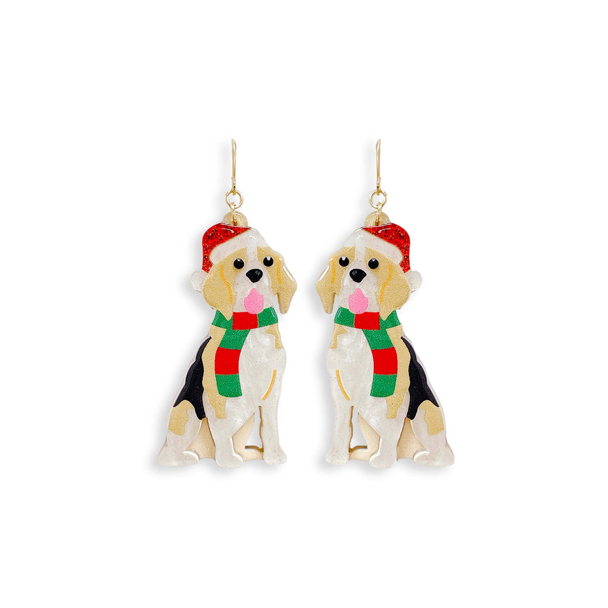 Beagle-shaped Christmas earrings with glitter Santa hats and red-and-green scarves on gold fish-hook closures.