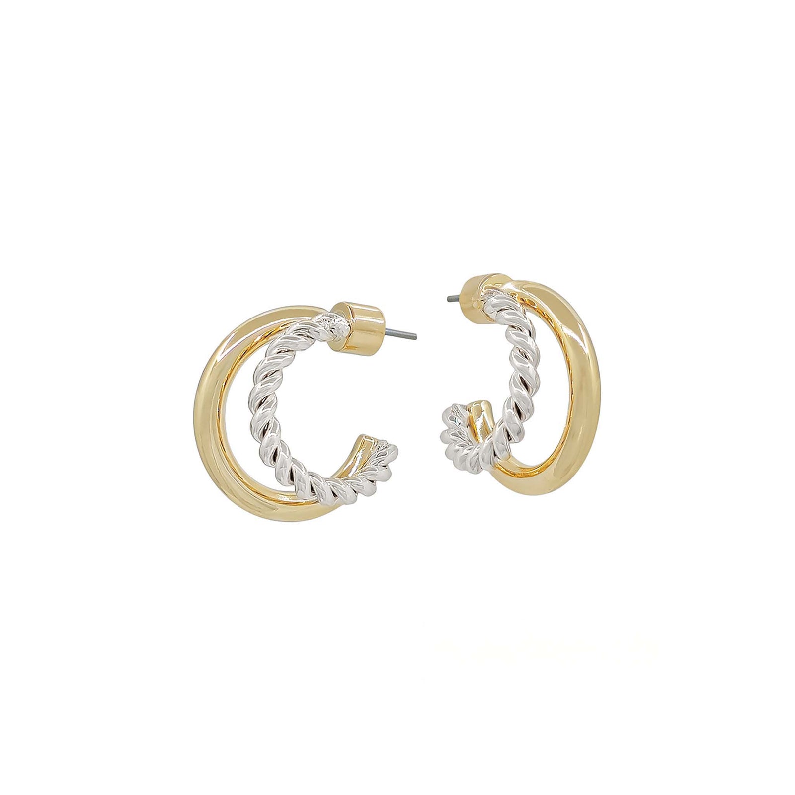 Mixed Metal Chunky double hoops with post back.  Gold hoop is smooth, silver hoop is twisted for texture.