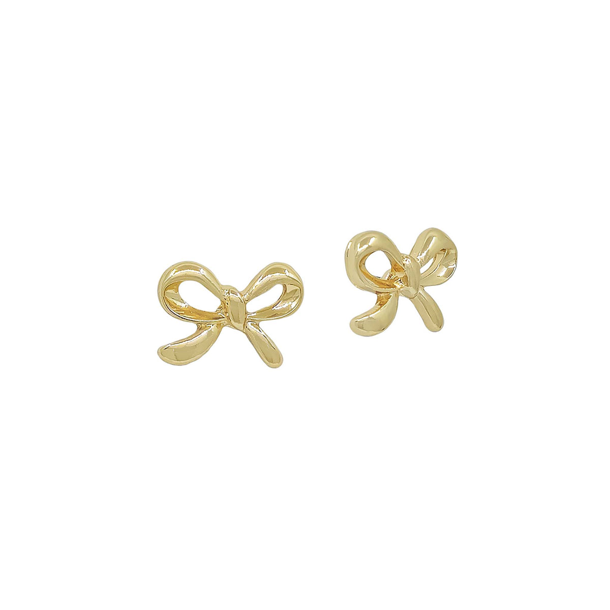 Small gold-tone stud earrings shaped like bows with a smooth polished finish and post backs.