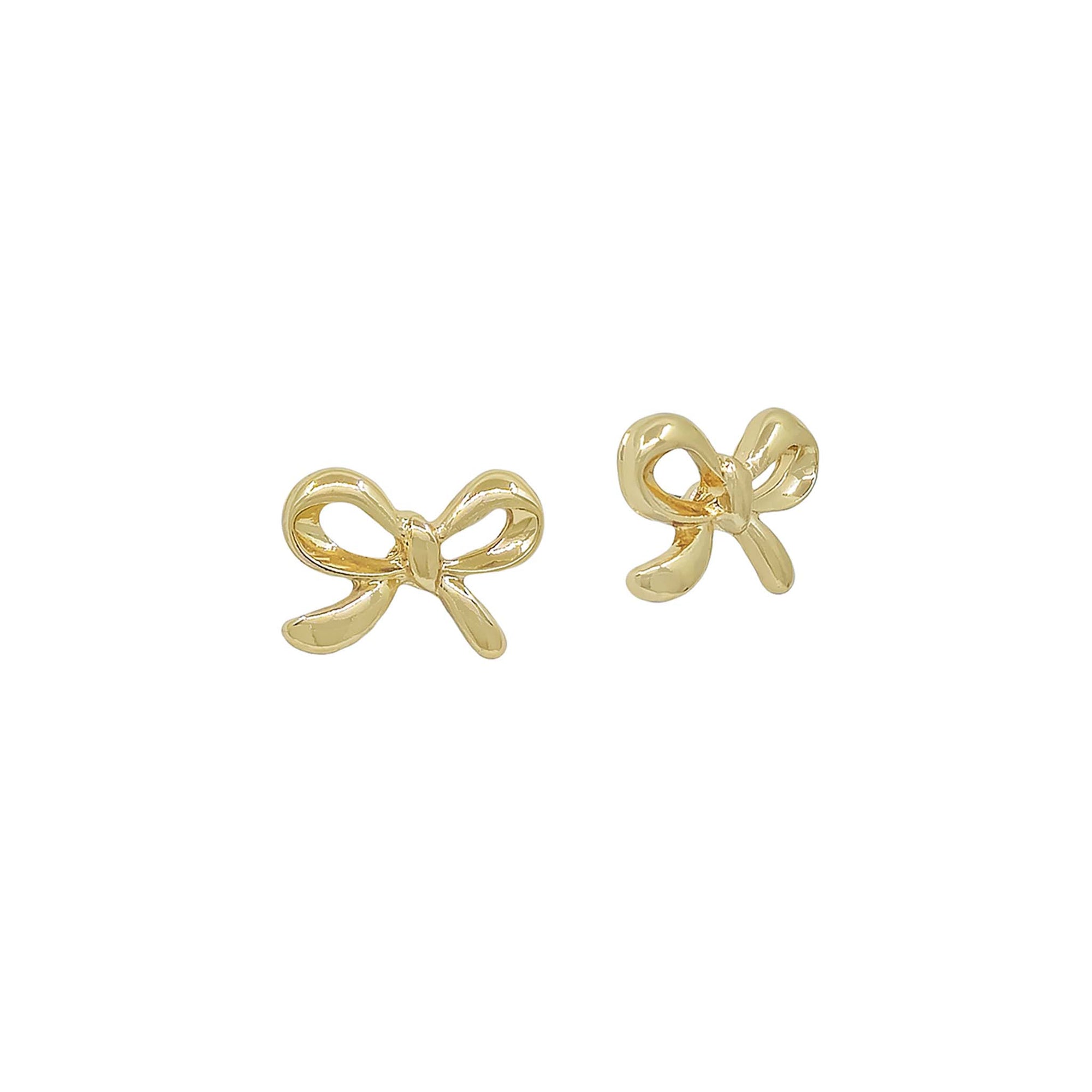 Small gold-tone stud earrings shaped like bows with a smooth polished finish and post backs.