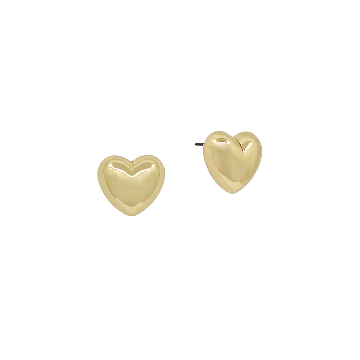 Shiny gold-tone heart stud earrings with a puffed, rounded design and post backs.