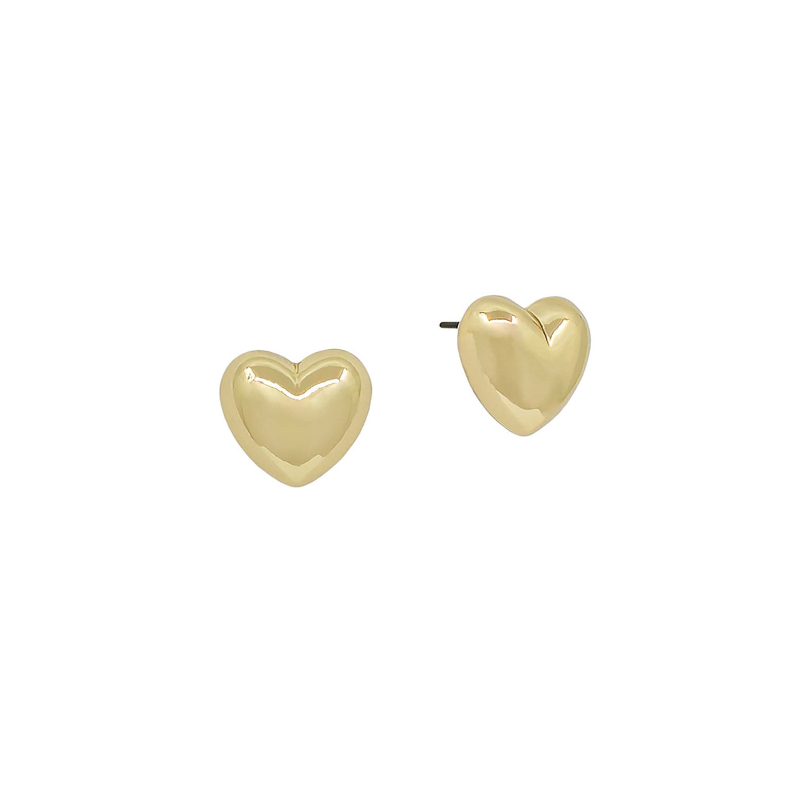 Shiny gold-tone heart stud earrings with a puffed, rounded design and post backs.