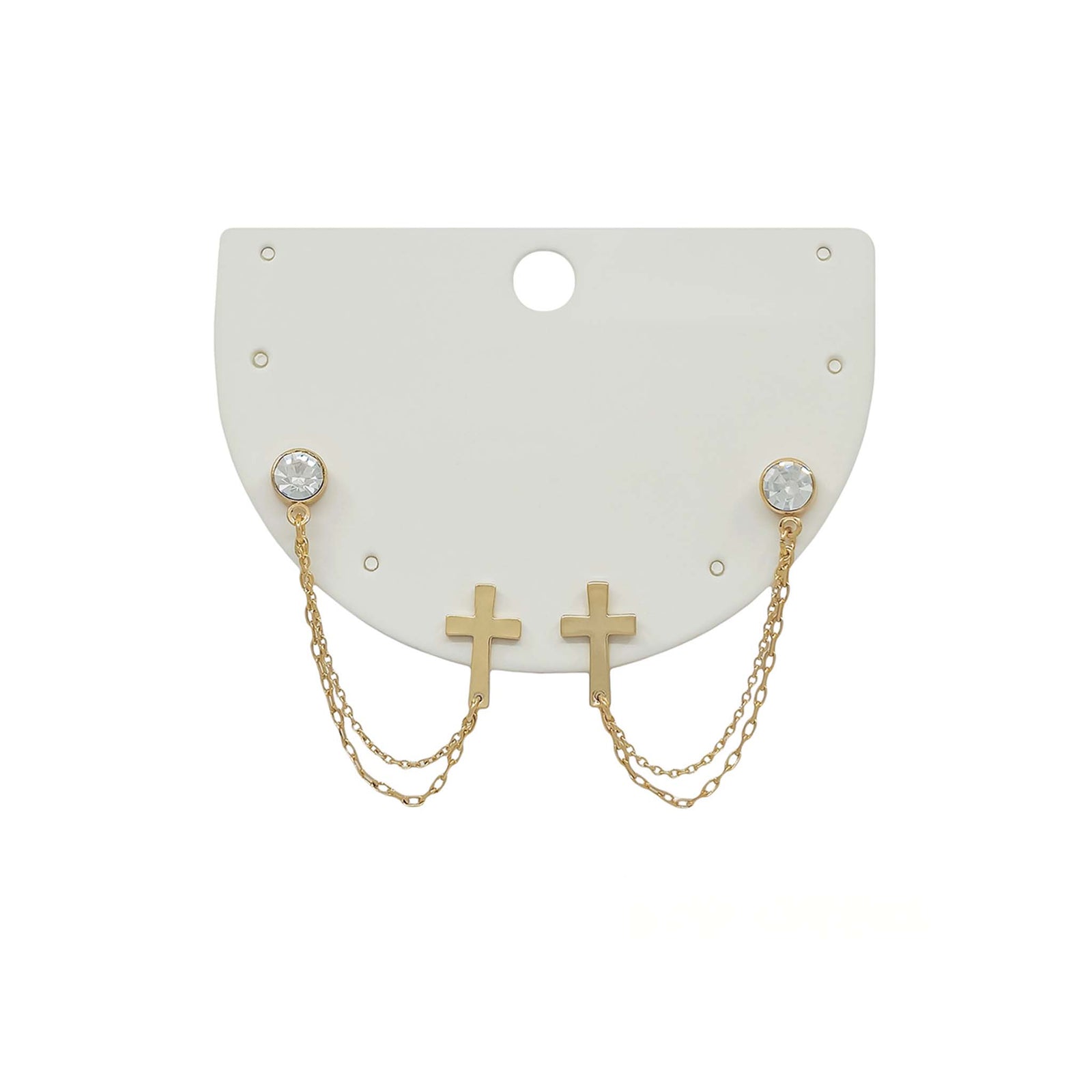 Pair of gold-tone chain drop earrings featuring clear crystal studs connected to gold cross charms by double layered chains, displayed on a white earring card.