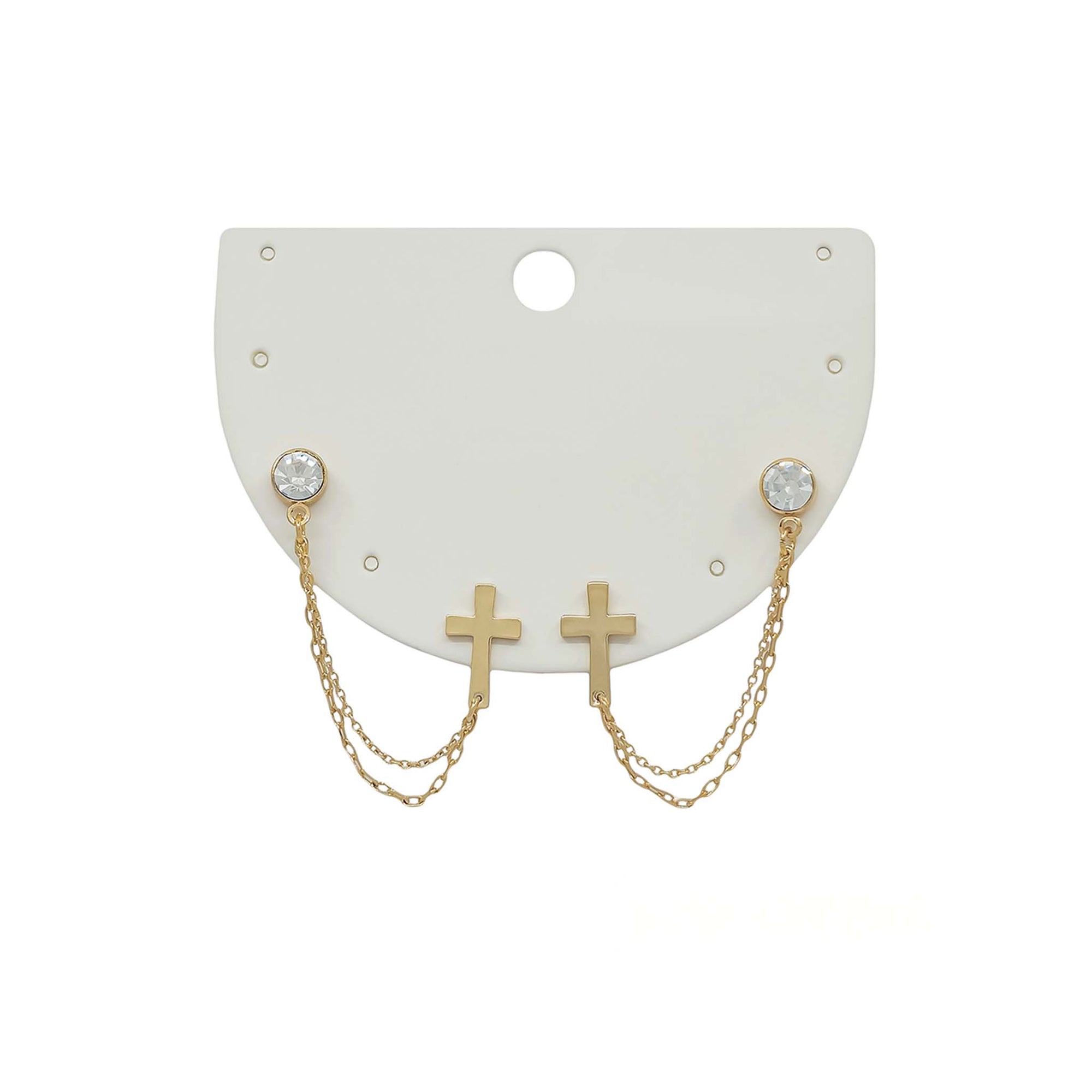 Pair of gold-tone chain drop earrings featuring clear crystal studs connected to gold cross charms by double layered chains, displayed on a white earring card.