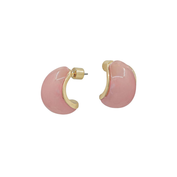 Pink hoop earrings with gold accents on a white background
