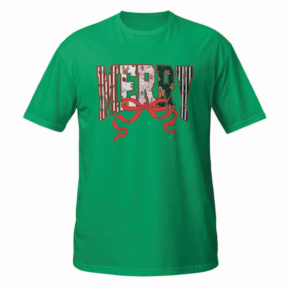 Bright green t-shirt with “MERRY” in patterned letters and a red bow graphic underneath.