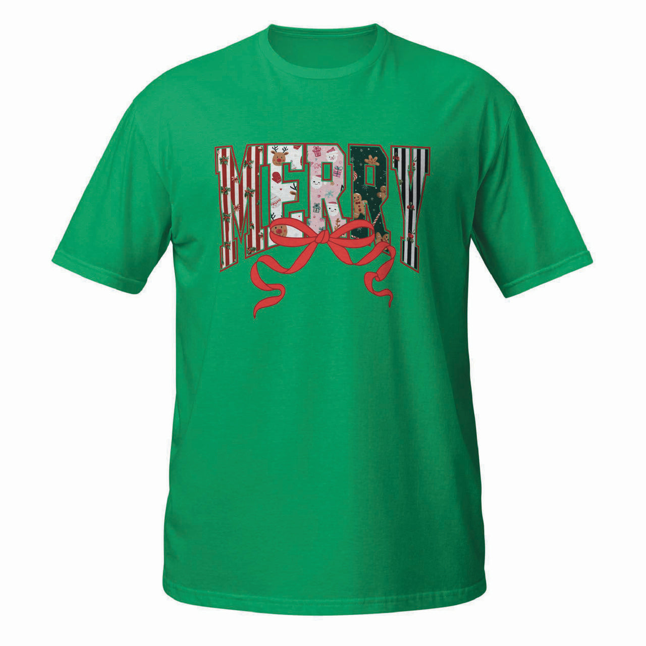 Bright green t-shirt with “MERRY” in patterned letters and a red bow graphic underneath.