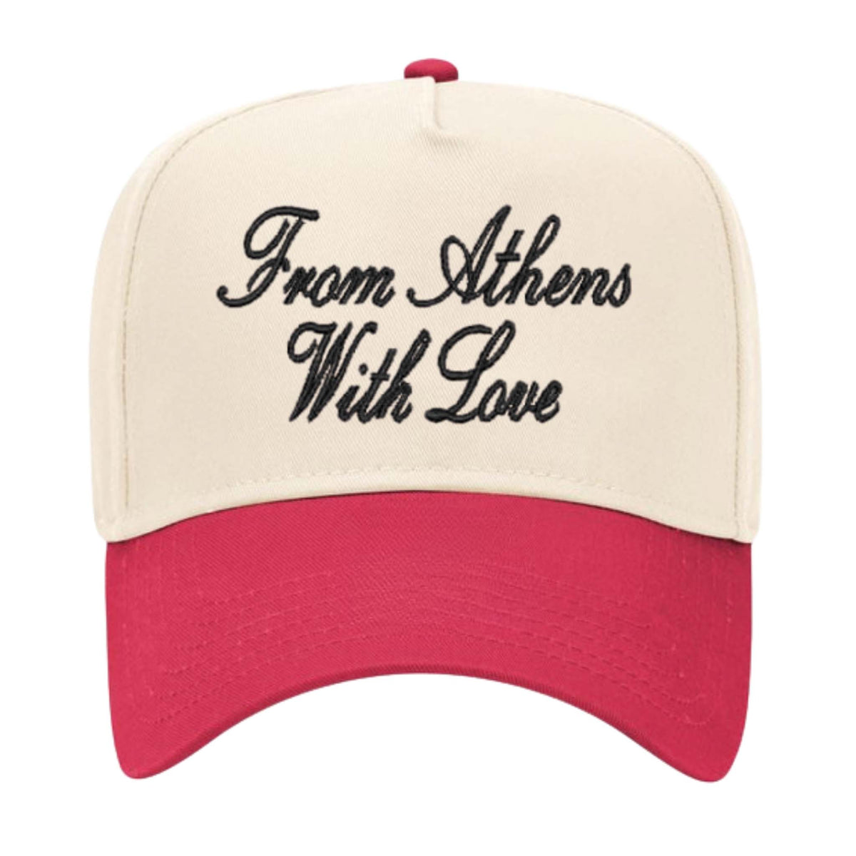 Cap with 'From Athens With Love' text on a white background