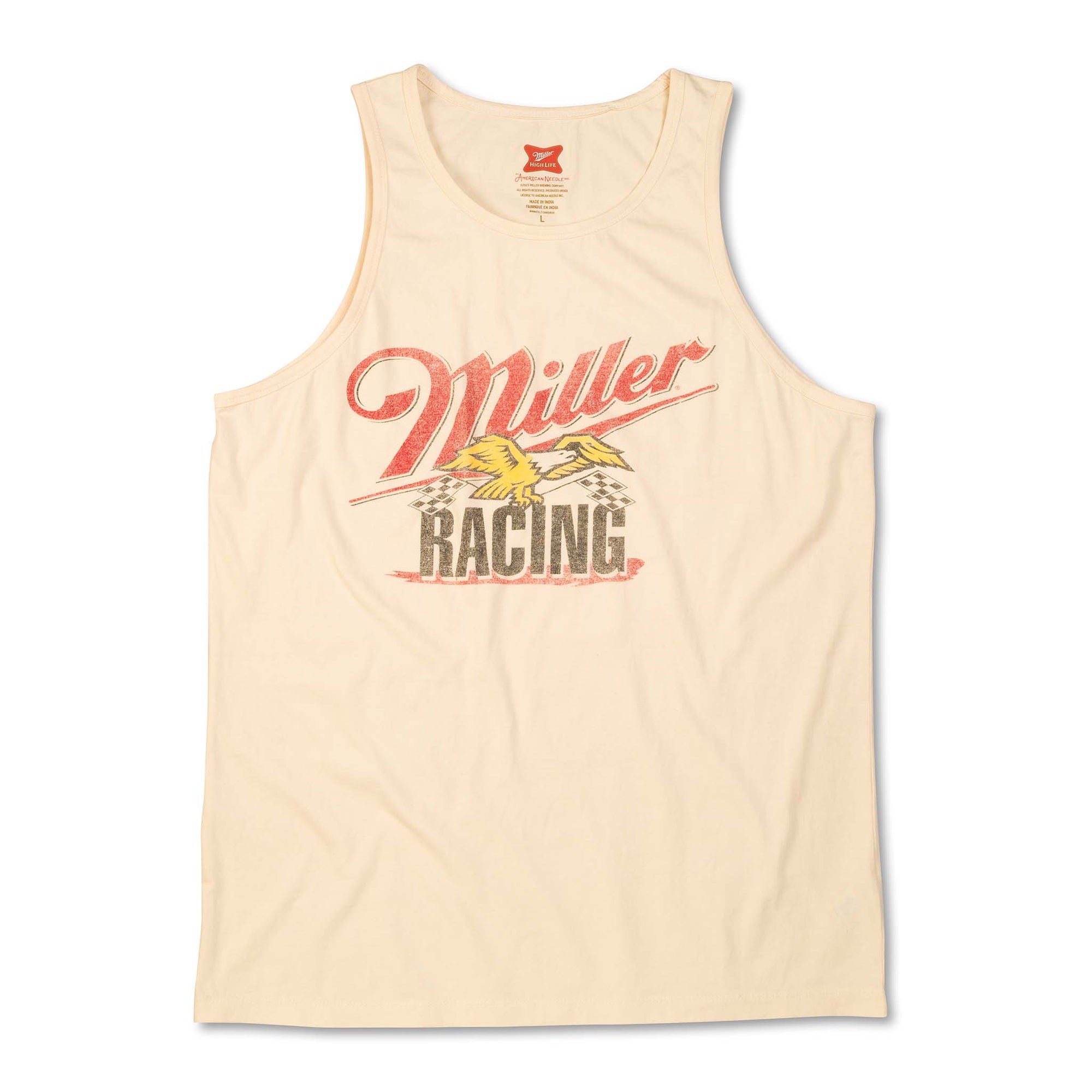 American Needle Men's tank top, sizes S-XXL. Cream-colored tank with vintage-style "Miller Racing" graphic featuring a bird and checkered flags in red, yellow, and black.