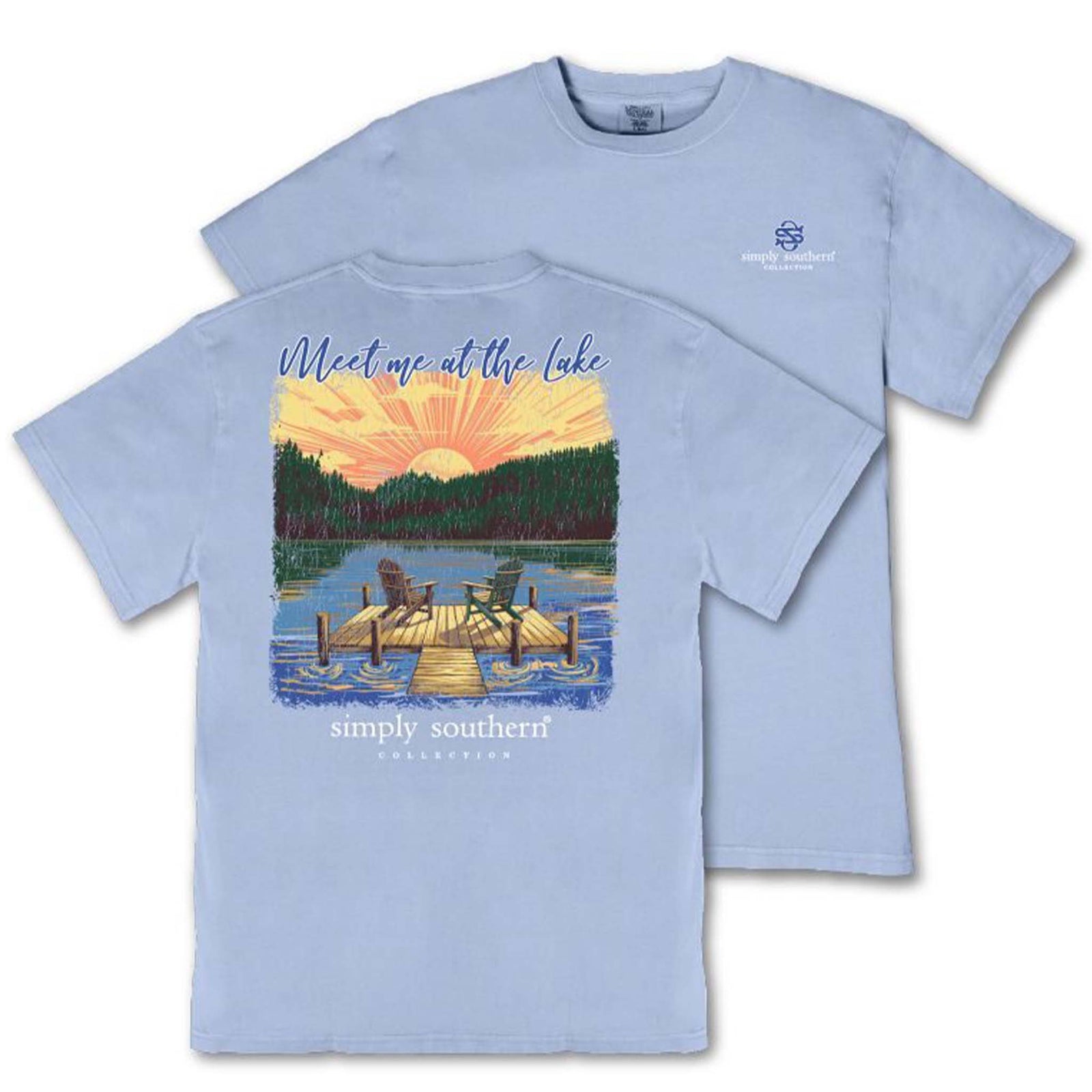 Light blue t-shirt with a lake scene graphic and 'Simply Southern' text on a white background