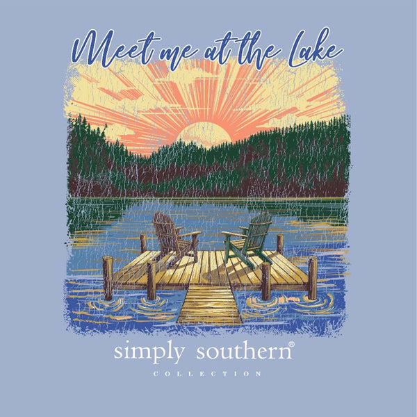 Illustration of a dock with chairs and sunset over water, 'Meet me at the Lake' text, Simply Southern Collection branding.