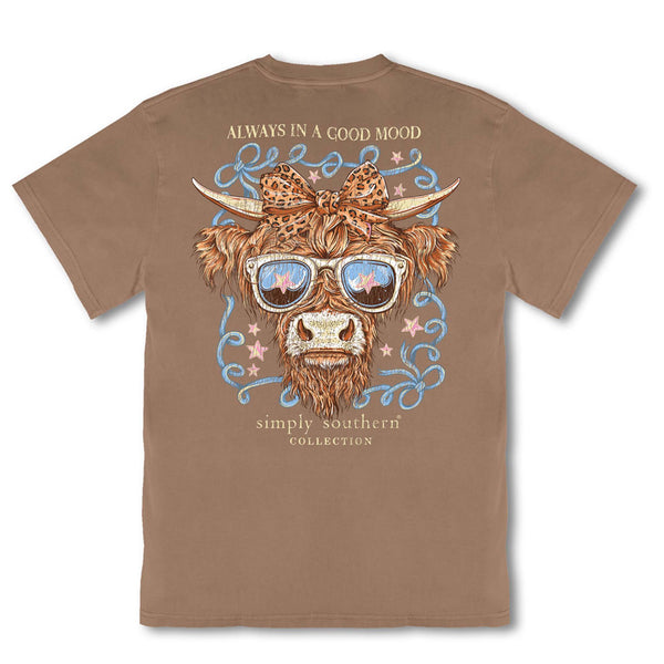 Brown t-shirt with a graphic of a cow wearing sunglasses and a bandana, and text 'Always in a Good Mood' and 'Simply Southern Collection'.