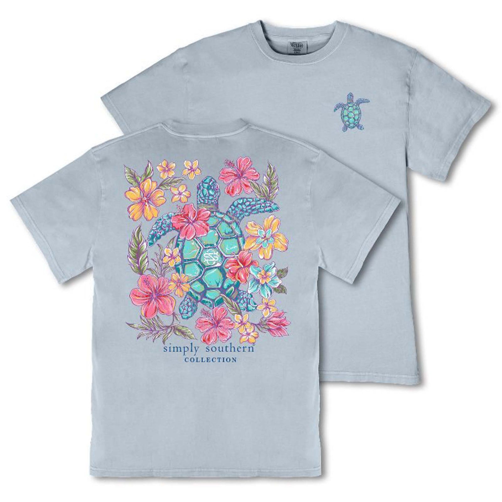 Simply Southern light blue short sleeve t-shirt with small sea turtle graphic on front chest and large colorful sea turtle surrounded by tropical flowers graphic on the back.