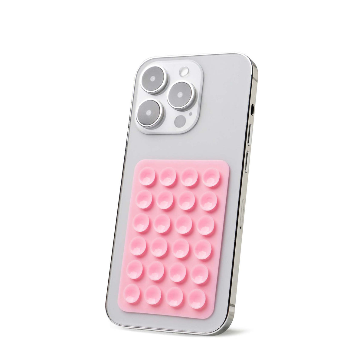 Pink Tentacle Tech suction phone mount with 24 suction cups attached to the back of a smartphone.