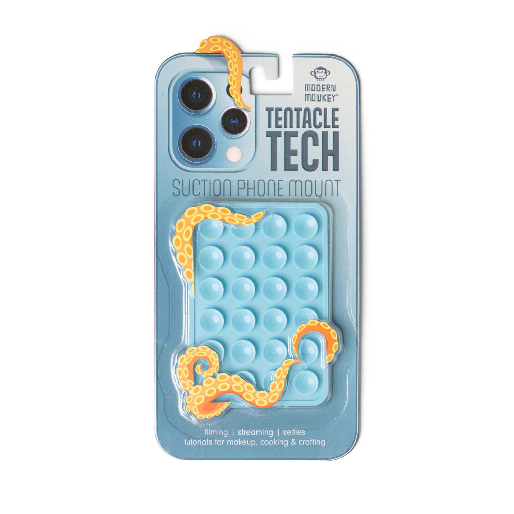 Tentacle Tech suction phone mount in light blue shown in retail packaging with octopus tentacle design and labeled for filming and streaming.