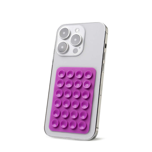 Purple Tentacle Tech suction phone mount featuring 24 suction cups firmly secured to the back of a smartphone.
