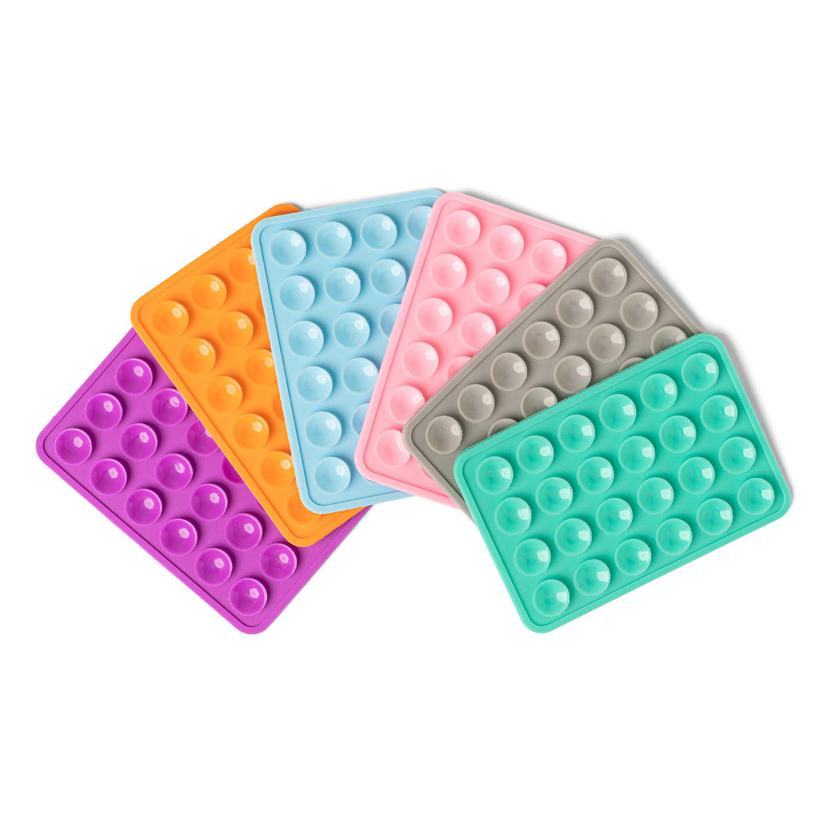 Assorted Tentacle Tech suction phone mounts in purple, orange, blue, pink, gray, and green fanned out on a white background.