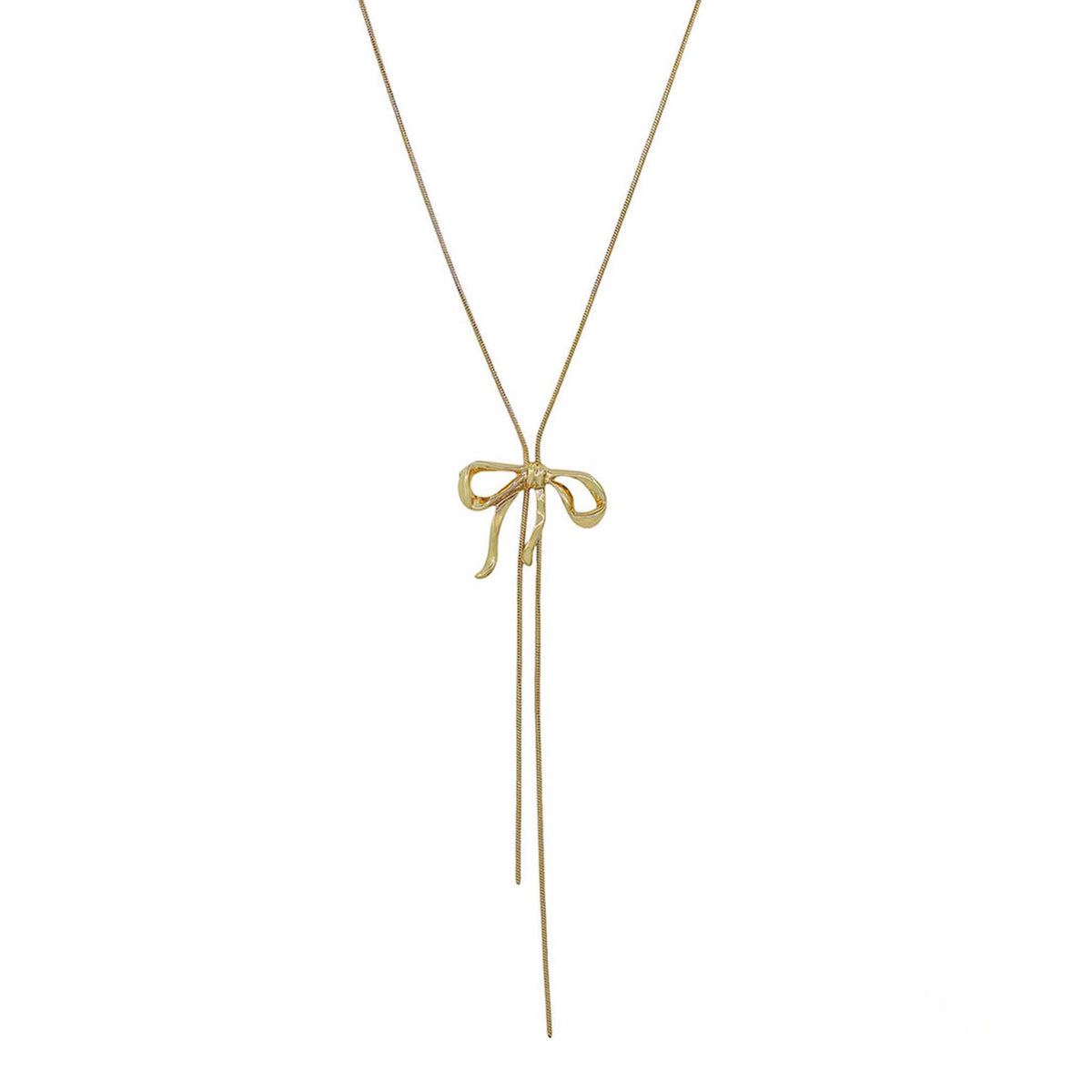 Gold necklace with a bow pendant on a white background