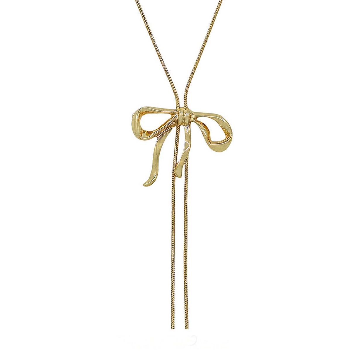 Gold bow-shaped pendant on a chain against a white background