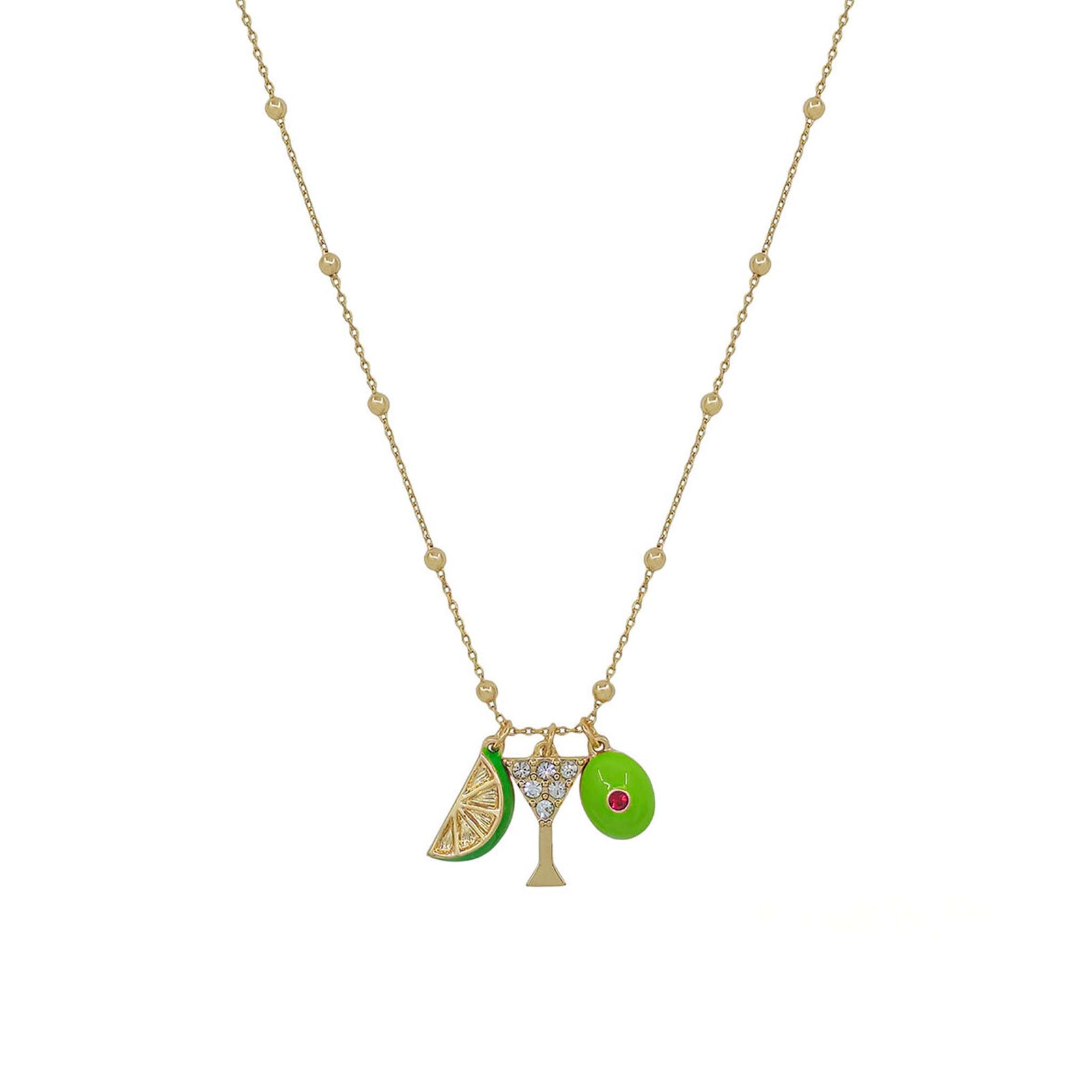 Necklace with a cocktail glass and lime charm on a white background