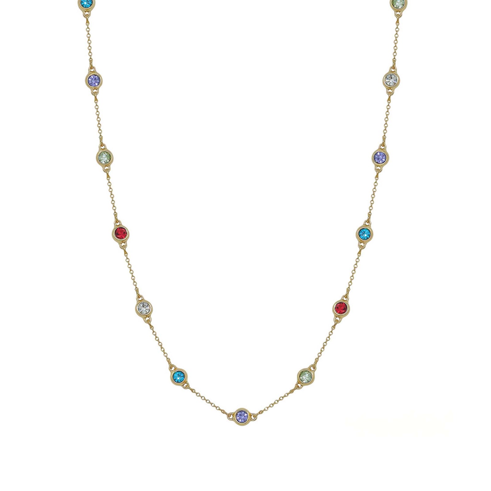 Gold necklace with colorful gemstones on a white background