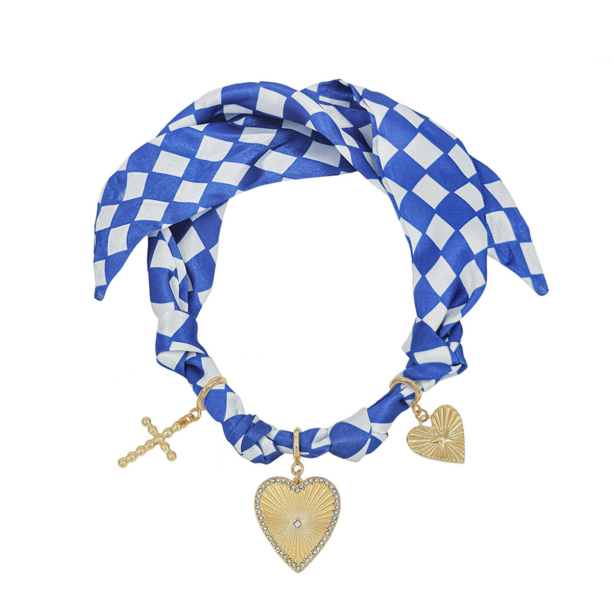 Blue and white checkered scarf necklace with gold heart and cross charms on a white background