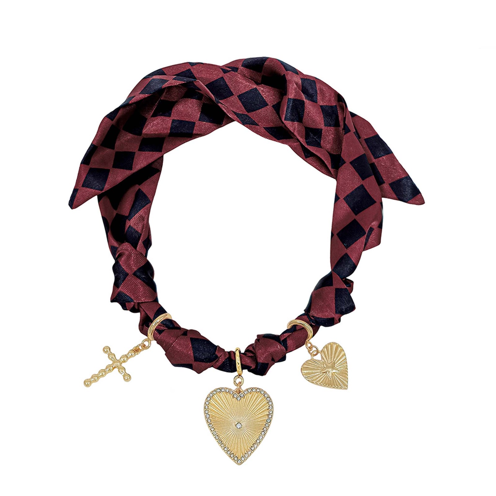Red and black checkered scarf necklace with gold charms on a white background