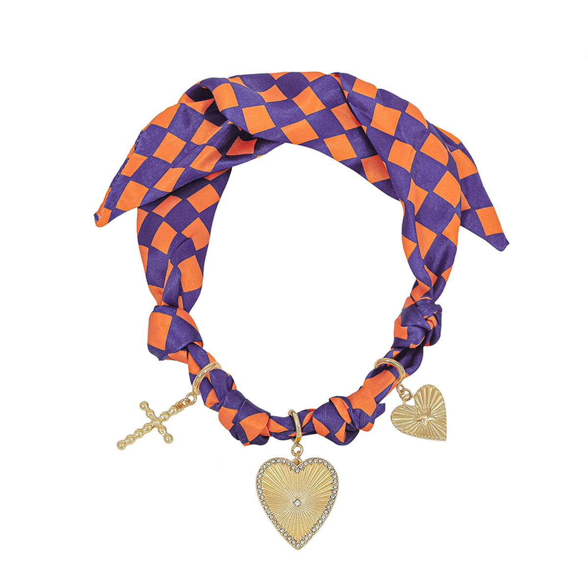 Purple and orange checkered scarf necklace with gold heart and cross charms on a white background