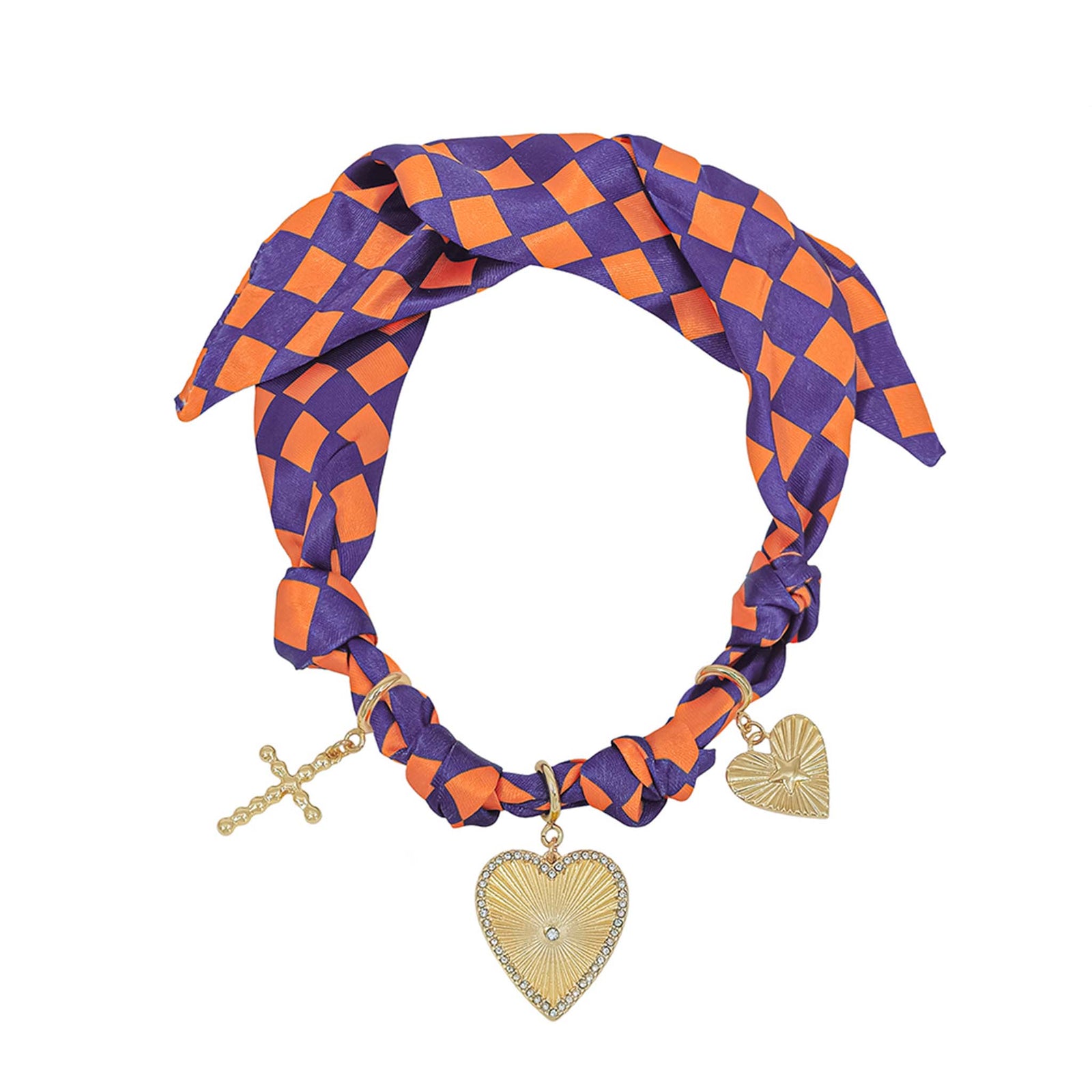 Purple and orange checkered scarf necklace with gold heart and cross charms on a white background