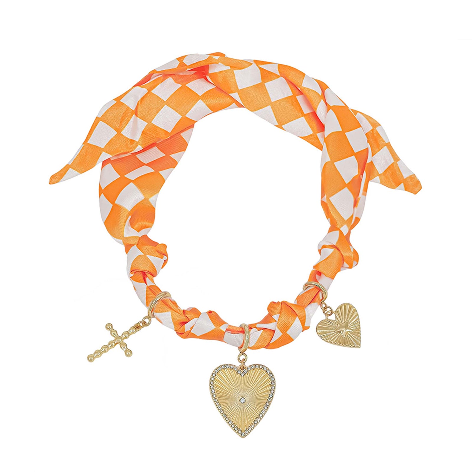 Orange and white checkered scarf necklace with gold heart and cross charms on a white background