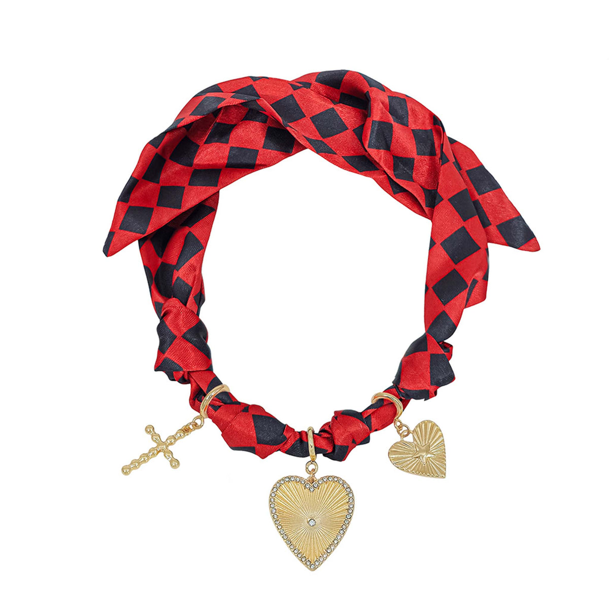 Red and black checkered scarf necklace with gold charms on a white background