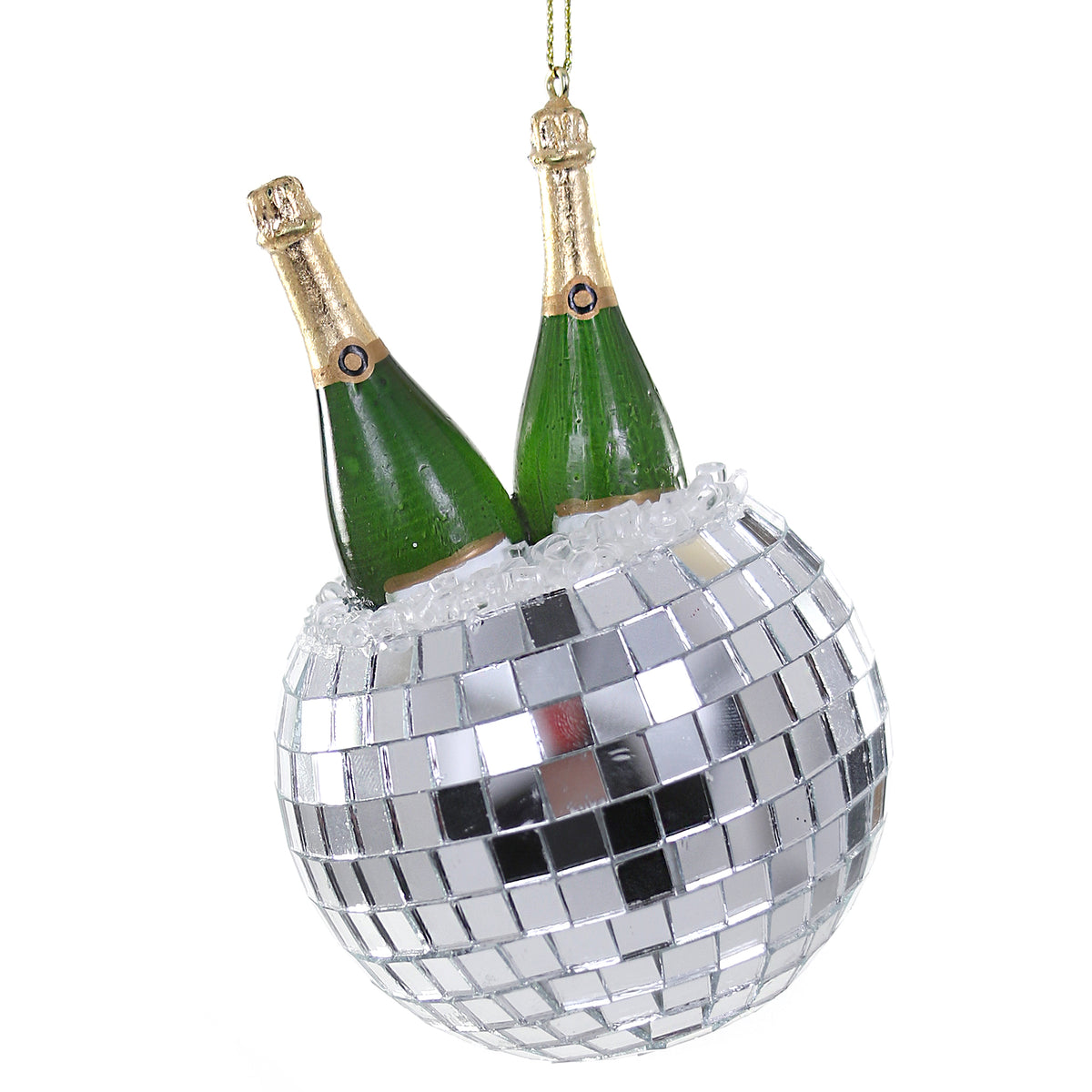 Two champagne bottles in a mirrored disco ball ice bucket ornament.