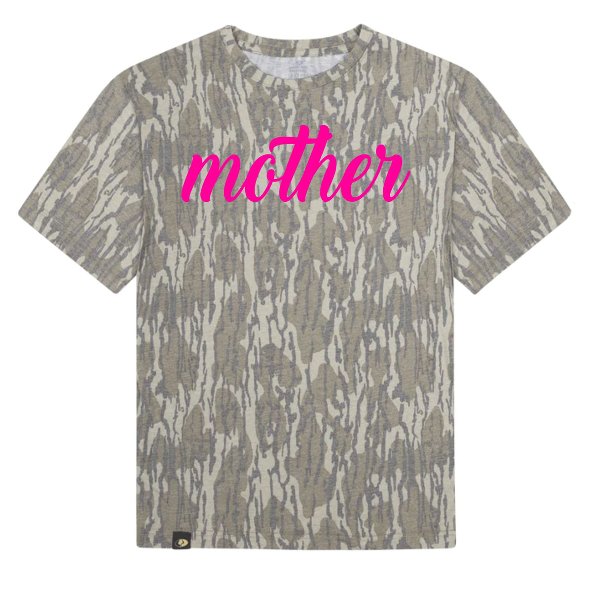 Camo print t-shirt with bright pink “mother” script text across front.