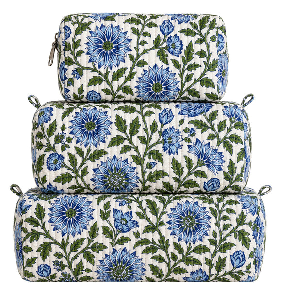 3-in-1 Quilted Cosmetic Bag Set in Green & Blue Floral