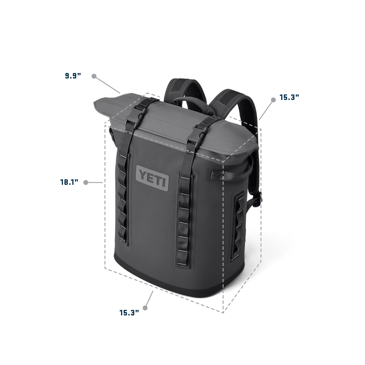 YETI M20 soft cooler with backpack straps and closed roll-top lid, shown with external dimensions of 18.1" H x 15.3" W x 9.9" D.