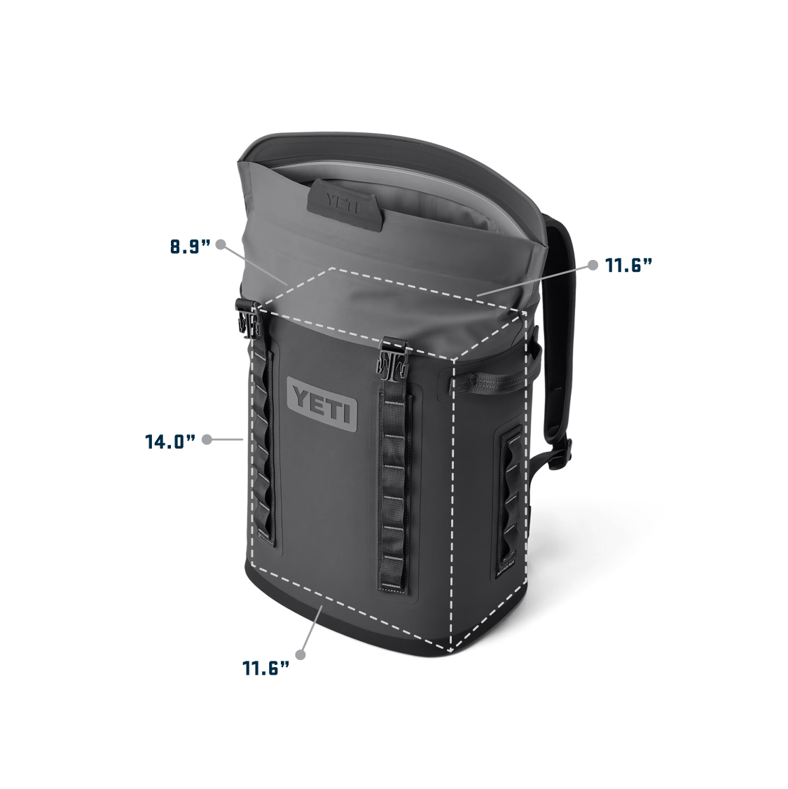 YETI M20 soft cooler with open roll-top lid, showing internal dimensions of 14.0" H x 11.6" W x 8.9" D