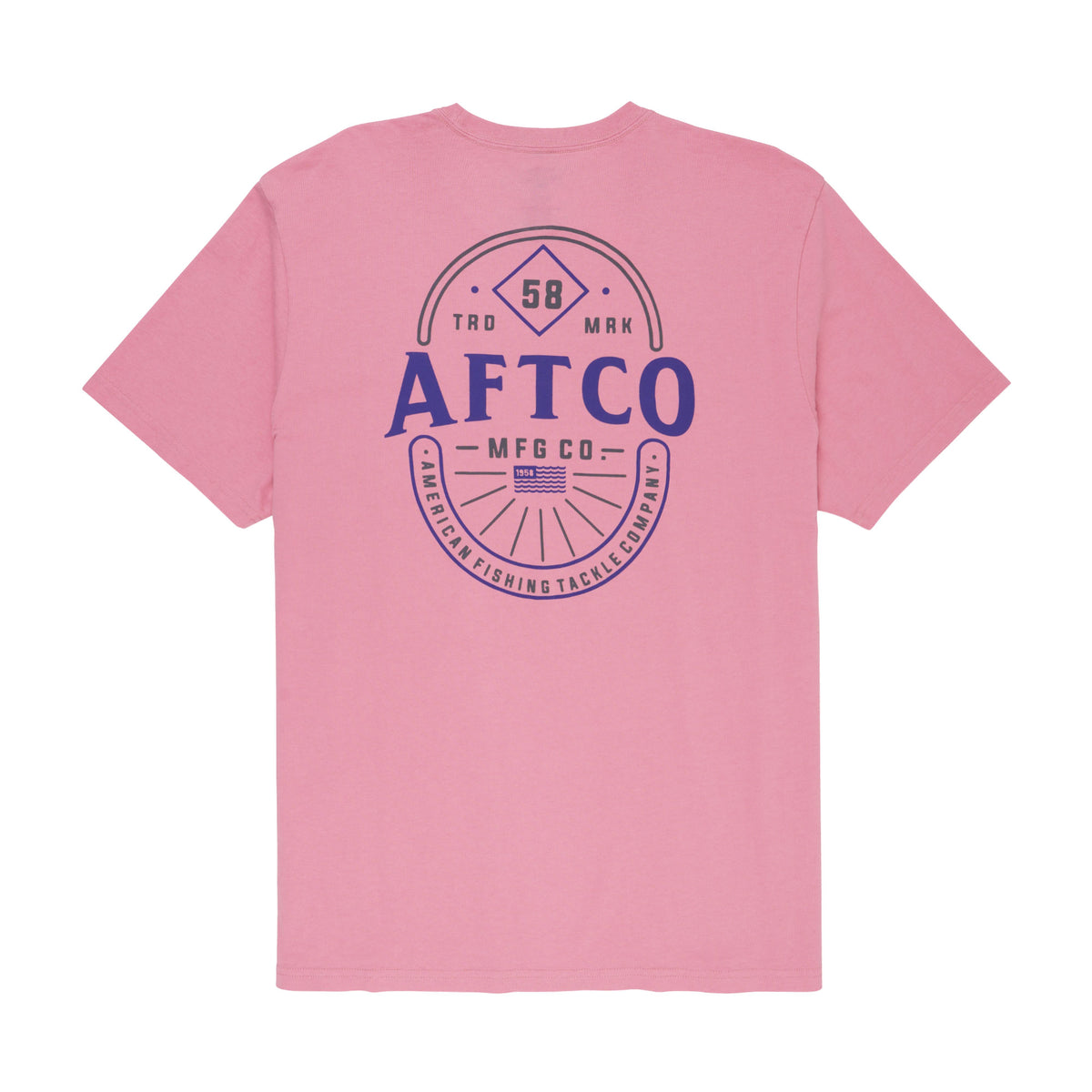 AFTCO Tradewind pink short sleeve t-shirt with large navy circular AFTCO logo and “American Fishing Tackle Company” graphic on back.